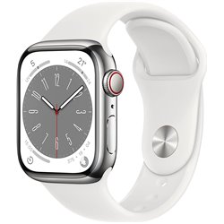 APPLE WATCH SERIES 8 GPS + CELLULAR 41MM SILVER STAINLESS STEEL CASE WITH WHITE SPORT BAND - REGULAR MNJ53TY/A