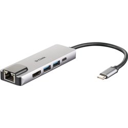 D-LINK HUB USB-C 5-IN-1 CON HDMI E POWER DELIVERY 60W, USCITE: HDMI x1, Ethernet x1, USB 3.0 x2, USB-C x1, HDMI FINO A 4K, PLUG 