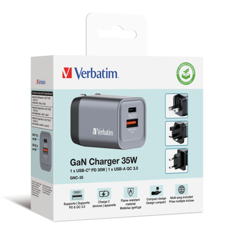 Verbatim GNC-35 GaN Charger 35W with 1 x USB-C PD 35W / 1 x USB-A QC 3.0 EU/UK/US 32200